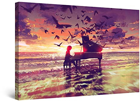 Startonight Quadro su Tela Piano di Fantasia sulla Spiaggia - Quadri Moderni Viola - Stampe Camere da Letto Stampe Incorniciate 60x90 cm, Decorazione Parete, Idea Regalo Elegante Luminoso al Buio