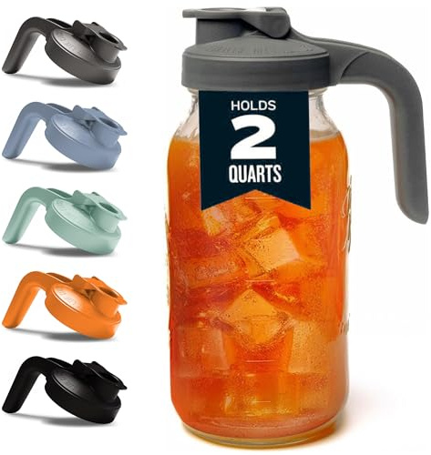County Line Kitchen Glass Mason Jar Pitcher with Lid - Wide Mouth, 2 Quart (64 oz) - Heavy Duty, Leak Proof - Sun & Iced Tea Pitcher, Cold Brew Coffee, Breast Milk Storage, Water - Gray