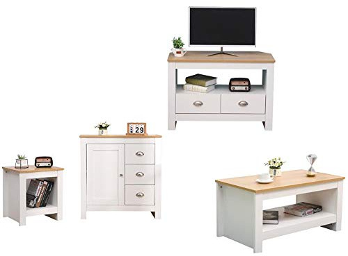 CFDZ CF Furniture Living Room 4 Piece Set Lamp Table Coffee Table TV Stand Multi Storage CupboardModern Simple Practical White+Oak