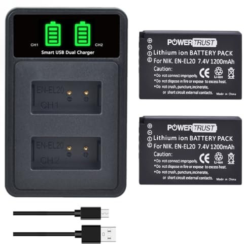 PowerTrust 2Pcs EN-EL20 EN EL20a Battery and Build-in USB Charger for Nikon Coolpix P1000, P950, 1 J1, 1 J2, 1 J3, 1 AW1, 1 V3, Coolpix A Camera