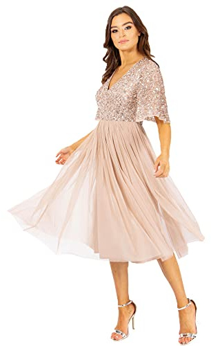 Maya Deluxe Maya Vestido Midi Adornado con Mangas Cortas con Vuelos Vestido de Dama de Honor Mujer (Pack de 1)