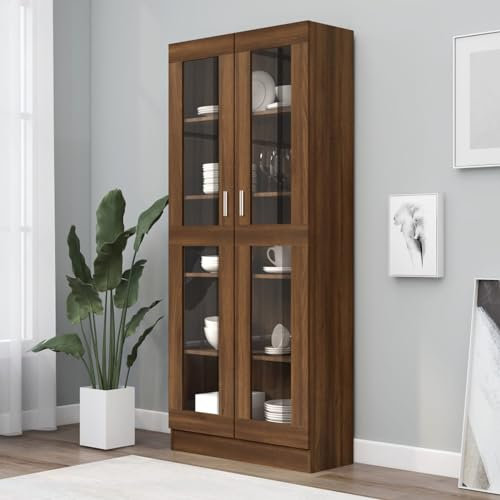 IKAYAA Vitrinenschrank Wohnzimmerschrank Glasvitrine Braune Eiche Bücherschrank 82.5 x 30.5 x 185.5 cm Sammlervitrine Standvitrine Küchenschrank Wandregal Wandvitrine Holzwerkstoff