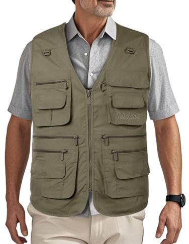 HZQIFEI Homme Multi-Poches Gilet de Pêche Gilet de Plein air Veste sans Manches pour Veste de Sport Gilet Journaliste MJ10 (Vert Armée, 5XL)