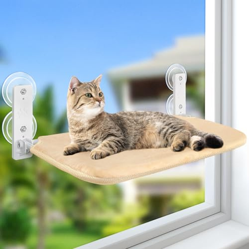 GUUSII HOME Fönsterstol för katter Hängmatta Fönstersäten Kattsäng Fönster Fällbar katthängmatta Fönsterhängmatta Kattsäng Katthängande säng med starka sugkoppar (Beige, L)