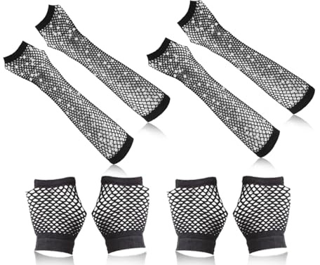 Lhbwhiz 4 Paar Fischnetz Handschuhe,Karnevals Fingerlose Netz Abendhandschuhe,Vintage Fishnet Gloves,2 Paar Lang 2 Paar Kurz Netzhandschuhe,für 80er Jahre Verkleidung Kostüm Party zubehör(Schwarz)