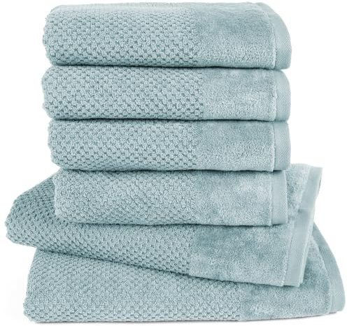 Pure Label 6-TLG. Handtücher Set mit Aufhängeschlaufen aus 100% Baumwolle, saugstark, weich und Oeko-TEX Zertifiziert - 2X Badetuch (70x140 cm) 4X Handtuch (50x100cm), Türkis
