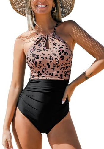CUPSHE Damen Badeanzug High Neck Bauchweg Raffungen Strandmode Schlüsselloch Leoparden Einteilige Bademode Swimsuit Schwarz/Leopardenmuster XL
