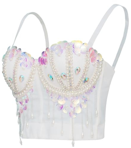 ROYAL SMEELA Bustier e Corsetto Con Strass Da Donna - Top Gotico Punk Con Frangia e Diamanti - Sexy Bustier Con Perline