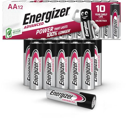 Energizer Advanced - AA Batteries (12 Pack) - Double A Battery 1.5V - Up To 100% Longer Lasting - For High-Drain Devices - 0% Plastic Packaging - 10 Year Shelf Life, Amazon Exclusive