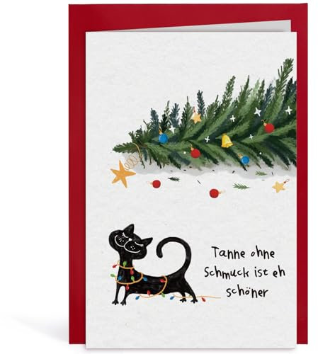 BETESSIN Weihnachtskarte lustig - Weihnachtspostkarten mit Schwarze Katze und Weihnachtsbaum Motiv - Witzige Weihnachtskarten mit Umschlag - Geschenkidee für Familie, Kollegen und Katzenliebhaber