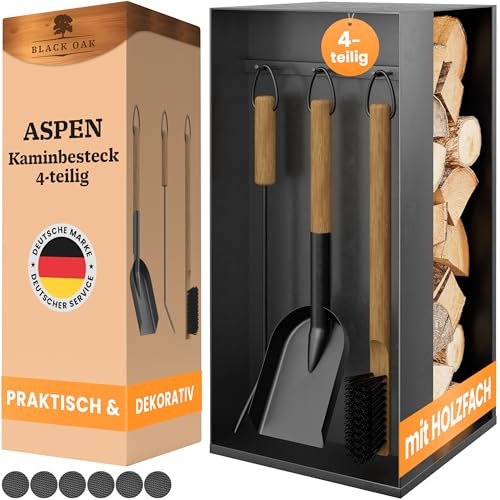BLACK OAK Aspen - Juego de cubiertos para chimenea (4 piezas, mango de madera, 4 piezas, soporte y atizador, pala para cenizas, escoba de acero, accesorios para chimenea), color negro