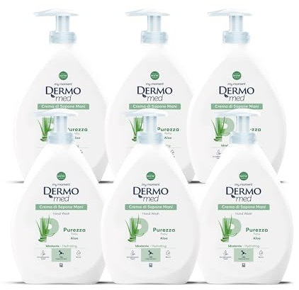 Dermomed Sapone Liquido Mani Purezza all’Aloe con Acido Ialuronico e Glicerina, Idratante e Emolliente, Freschezza e Note Fruttate, Dermatologicamente Testato, pH Neutro,600 ml x 6