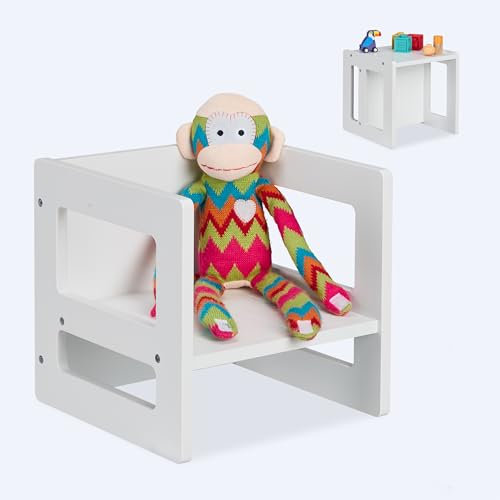 Relaxdays Sitzhocker Kinder, 2in1 Wendehocker, 2 Sitzhöhen, mit Armlehnen, HxBxT: 30x30x30 cm, Kindertisch, MDF, weiß