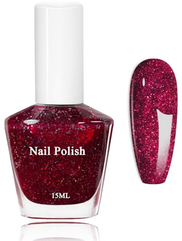 15ML Glitzer Nagellack Rot, Glossy Schnell trocknend & Langanhaltend ungiftiger Nagellack, Shimmer Schnelltrocknender Roter Nail Polish, Ohne UV Lampe für Nail Art Maniküre(Glitzer Rot)