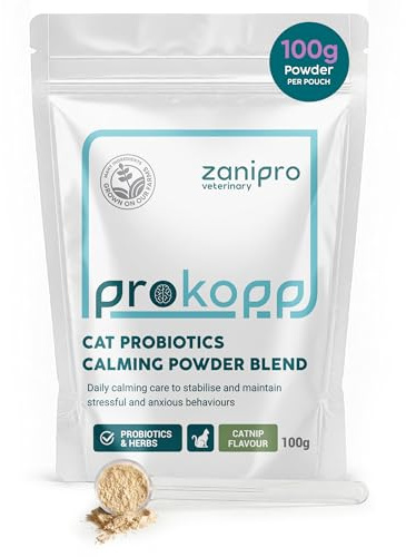 Zanipro Lugnande kattpulver – anti-stress och avslappningskräplex för katter | Med L-tryptophan för lugn vid stress och fyrverkerier, probiotika för tarm- och hjärna-tarmaxel | 100 g (kattmynta)