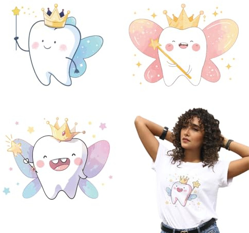 arricraft 4 Blatt Zahnfee Aufkleber Zum Aufbügeln Cartoon Zahn Flügel Krone Druck Transfer Aufkleber Aufkleber Für DIY T Shirt Kleidung Hut Dekoration Applikation