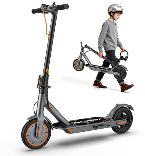 Maxshot Electric Scooter, 8.5 /10 /14 Tire, 16/19/22 Mph Top Speed, 12/16/21/27/28/49/50 Miles Long Range, Folding Escooter for Adults and Kids with Seat Bag, Dual Braking, Dual Suspension, App
