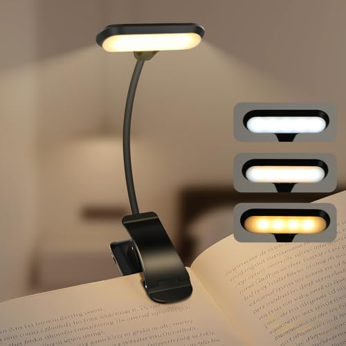 VKH Lampe de Lecture avec Pince, Lampe de Livre LED à Clipser, Luminosité Réglable en Continu, 3 Modes de Température de Couleur, Rechargeable en USB-C, Col de Cygne Flexible à 360°, Lumière de Le