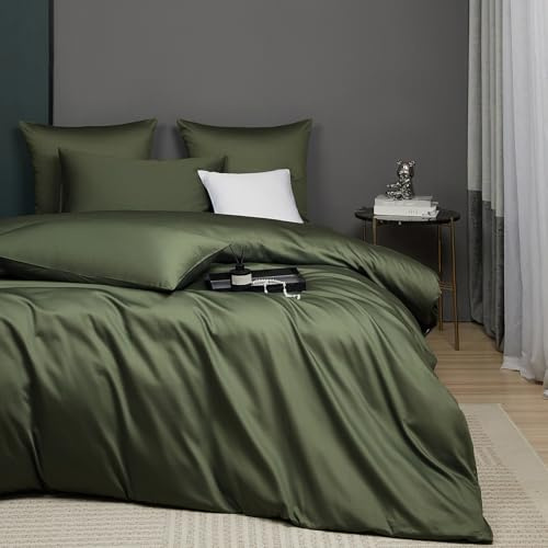 Luofanfei Mako Satin Baumwolle Bettwäsche 135x200 Olivgrün Grün Kühlend Glatt Muster Atmungsaktiv Bettwäsche Set Weich und Bügelfrei Uni Bettbezug Einzelbett und Kissenbezug 80x80 cm