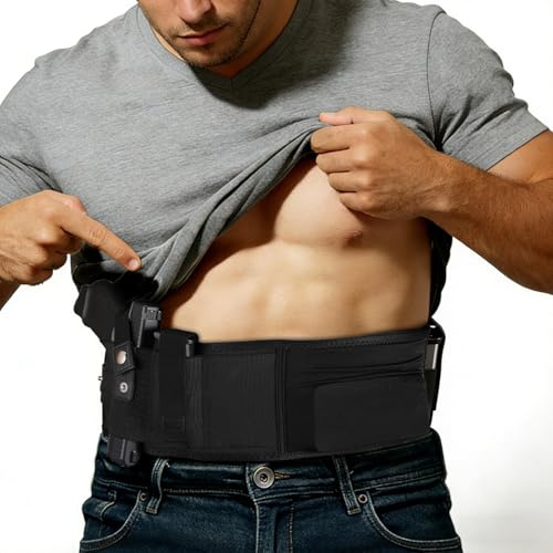 FINPAC Belly Band Holster Concealed Carry Gun Holster for Men Women, Elastic Ventilate Multiple Adjustment Buttons, Fits Glock 43x, 17, 19, 42 for Most Pistols, 31-39 Waist