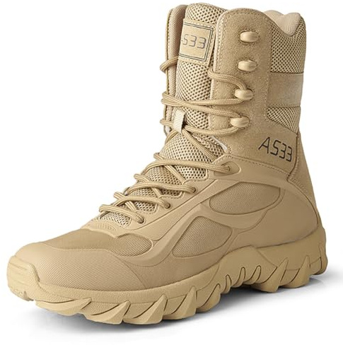 Qynthra Botas tácticas Ligeras de Combate, Medias, de Malla, para Exteriores, Negras y Color Arena del Desierto, con Suela de Goma Acolchada para Senderismo de Campo,Desert Tan,43 EU