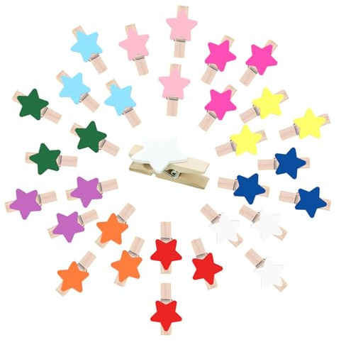 GAZIL 100 Mini Pinzas de Madera con Forma de Estrella, Pinzas Coloridas para Fotos, Manualidades, Calendario de Adviento y Decoración con Hilo (Multicolor)