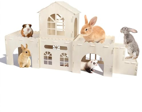 Extra Large Wooden Rabbit Castle, 5-in-1 Rabbit Hideaway, Detachable Indoor Climbing Hideout, Wooden Playhouse for Rabbits, Guinea Pigs, Chinchillas, Ferrets, and Hamsters