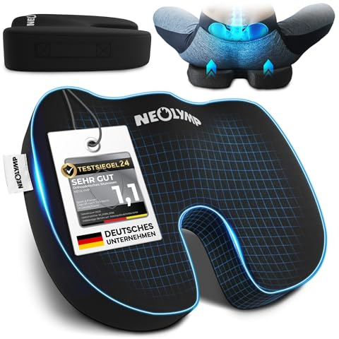 NEOLYMP Orthopädisches Sitzkissen – Memory Foam Kissen mit Steißbein-Aussparung – Ergonomisches Design für Büro, Auto & Reisen – 3 Härtegrade für Sitzkomfort (Schwarz, Mittel | 60-100 kg)