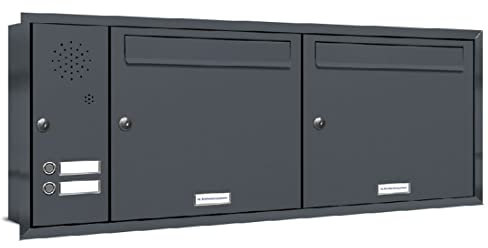 AL Briefkastensysteme, 2er Unterputzbriefkasten mit Klingel in Anthrazit Grau RAL 7016, 2 Fach wetterfeste Briefkastenanlage, Doppel-Briefkasten, Design modern