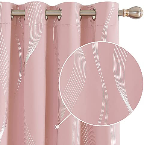 Deconovo Thermal Insulated Curtains Silver Wave Line Foil Printed Eyelet Blackout Curtains for Bedroom 55x72 Inch Coral Pink 2 Panels