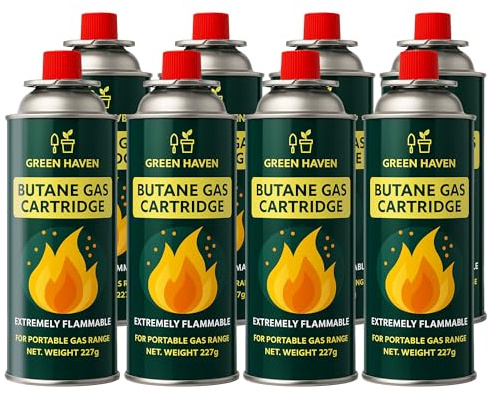 Green Haven Butane Gas Canisters 8 Pack – EN417 Non-threaded Camping Cylinders for BBQs & Stoves, Reliable Propane Refill, Long-Lasting & Safe for Outdoor Cooking, Camping, Festivals, or Picnics