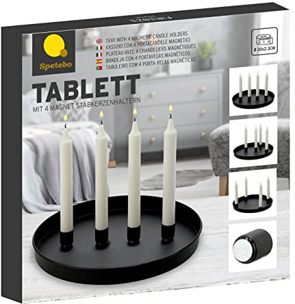 Metall Kerzen Tablett Ø 30 cm mit 4 magnetischen Kerzenhaltern für Stabkerzen - Farbe: schwarz - Deko Tablett mit magnetischen Kerzenhaltern - Tafelkerzen Halter Magnet Kerzen Leuchter Ständer