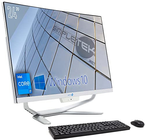 SIMPLETEK PC All in One 24 Full HD Curvo Core i7 Fino 3.90GHz Windows 10 Pro 8GB RAM SSD 120GB Webcam 1080p WiFi5 BT HDMI Computer Fisso Aio Casa Scuola Lavoro