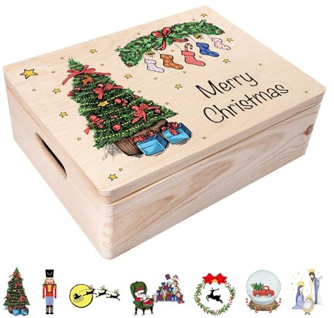 Creative Deco Personalised Gifts | Any Text Gift Christmas for Women, Men | Girls or Boys | Unique Wish Custom Xmas Gift Box | Customised Wooden Storage Box with Hinged Lid | Empty Christmas Eve Box