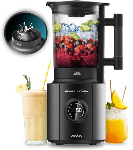 Cecotec Batidora de Vaso Grand Katana 2700MAX Total Destroy Screen B. Potencia Máx 2700W, Pantalla Digital, Cuchilla de 8 hojas con Recubrimiento de Titanio Negro, Jarra de Vidrio Fundido con 1,8L