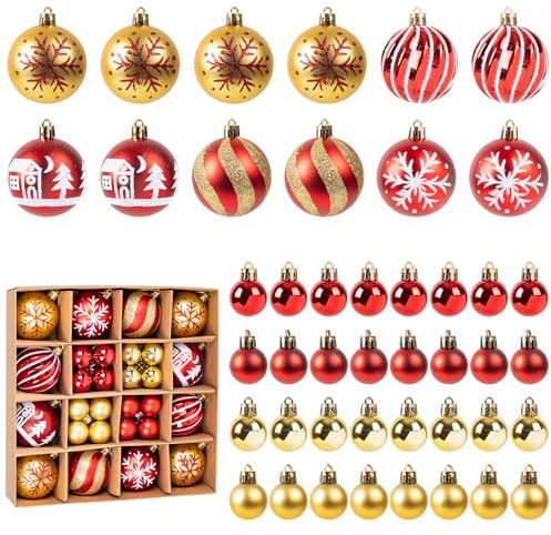 Ayuanb Weihnachtskugeln Rot und Gold, 44 Stück Weihnachtsdeko Kugeln, 3 cm und 6 cm Plastik Christbaumkugeln Set, Christbaumschmuck Kunststoff mit Aufhänger, Weihnachtsbaum Deko für Party