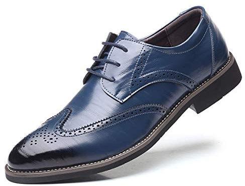 DADAWEN Chaussure Homme Cuir,Chaussure Derbys Homme Ville Habillées Formelles Affaires à Lacets Oxford Brogue pour Costume Mariage Bleu 43
