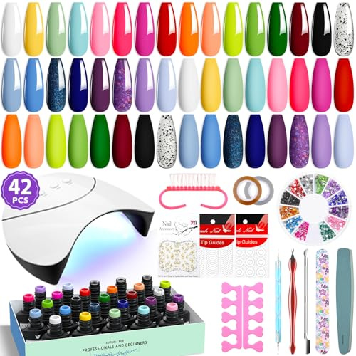 VANREESA 42 PCS Gel Nail Polish Set with Lamp Starter Kit 24 Colours Bright Spring Summer Colours Gel Nail Kit White Pink Green Blue Purple Soak Off U V Polish with Manicure Tools Gifts for Women