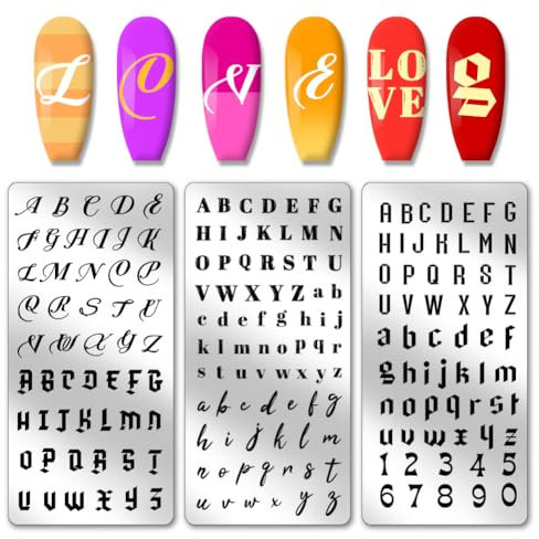 PH PandaHall 3PCS Englische Buchstaben-Nagelstempelplatte Personalisierte Buchstabenschablonen Edelstahl Nagelschablone für englisches Alphabet Nummer Nagelkunst Design Bild Platte 12x6cm