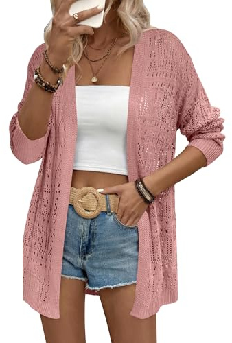 Zeagoo Womens 2026 Summer Crochet Cardigan Sweaters Lightweight Long Sleeve Open Front Kimono Boho Knit Cover Ups Pink