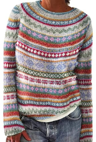 HUIFUAO Fair Isle tröjor för kvinnor UK stor storlek damtröjor överdimensionerade tröjor för kvinnor långärmad tjock varm jacquard stickade kläder kvinnor pullover toppar