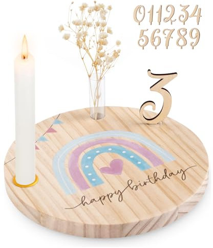 Geburtstagsteller Holz Personalisierter Geburtstagskranz mit Kerzenhalter Vase Zahlen 0-9 Gästebuch Geburtstag Geburtstagsdeko Geburtstagsgeschenk für Jungen Mädchen, (Regenbogen)