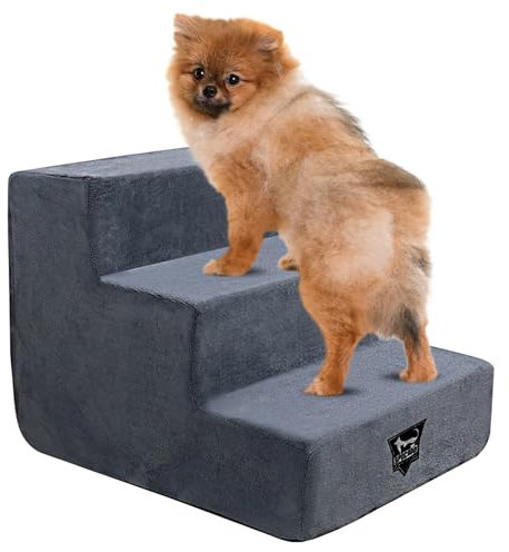 SPOCADO Albion Haustiertreppe | 3-stufige Hundetreppe mit Plüschbezug | Katzentreppe für Sofa, Bett & Auto | Abnehmbarer, waschbarer Bezug | bis 50kg belastbar (Grau, 34 x 38 x 46 cm, 3)