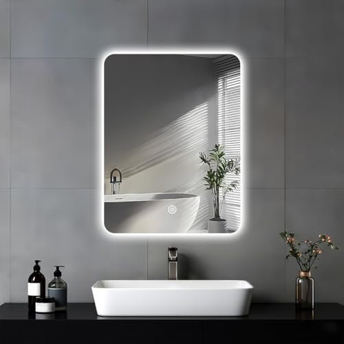 JAMUBOCHE LED Bathroom Mirror For Over Sink, 45 x 60cm Electric Vanity Mirror With Backlit Lights For Shower Shaving, Wall Mounted Dimmable 3 Color Lighting, IP54, Vertically Only