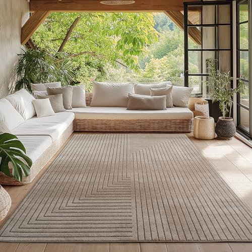 HomebyHome Teppich Wohnzimmer, Schlafzimmer, Wintergarten, Kurzflor Beige, Hoch-Tief-Effekt, weich & waschbar, Outdoor geeignet, pflegeleicht, 160x230 cm