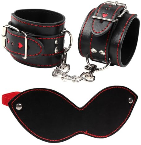 Generico Manette in Pelle Nera Love - Set di Bende, Comodo Set di 2 Pezzi regolabile-ITRB164