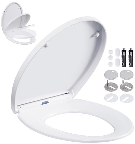 Angel Shield Soft Close Toilet Seats Oval White with Quick Release Adjustable Stainless Hinges for Easy Clean, Top Fixed, Urea-Formaldehyde Anti-Bacterial Durable Toilet Seat (Alignment Guide)