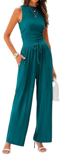 Rayson Tuta Donna Casual 2 Pezzi Estate Completo Canotta Senza Maniche e Vita Alta a Gamba Larga Pantaloni Lunghi Tasche con Coulisse Tinta Unita（Verde,S）