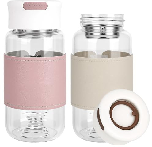 YYTECH 2 piezas Protein Shaker de Vidrio de 16 Oz con Tamiz Integrado y Bola de Mezcla de Acero Inoxidable, Libre de BPA y Antigoteo con Diseño de Silicona Antideslizante