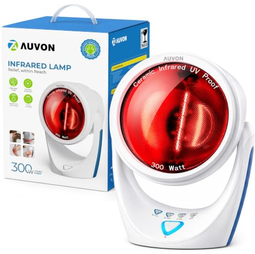 AUVON 300W Rotlichtlampe, Infrarotlampe bei Erkältung & Muskelverspannung, 290 W/m² Wärmelampe für Rucken Nacken Schulter Muskel, UV-Schutz Keramik-Glas, Stufenlos Schirm Verstellbar, 3-Stufe-Timer